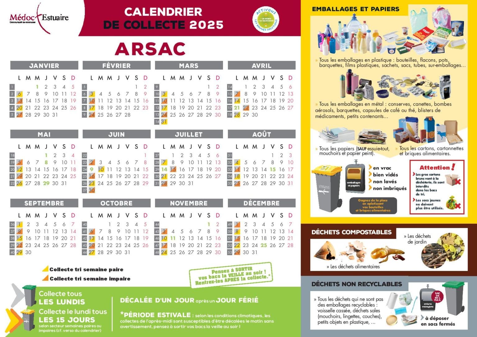 Calendriers de collecte 2025 dans vos boîtes aux lettres Communauté de Communes Médoc Estuaire